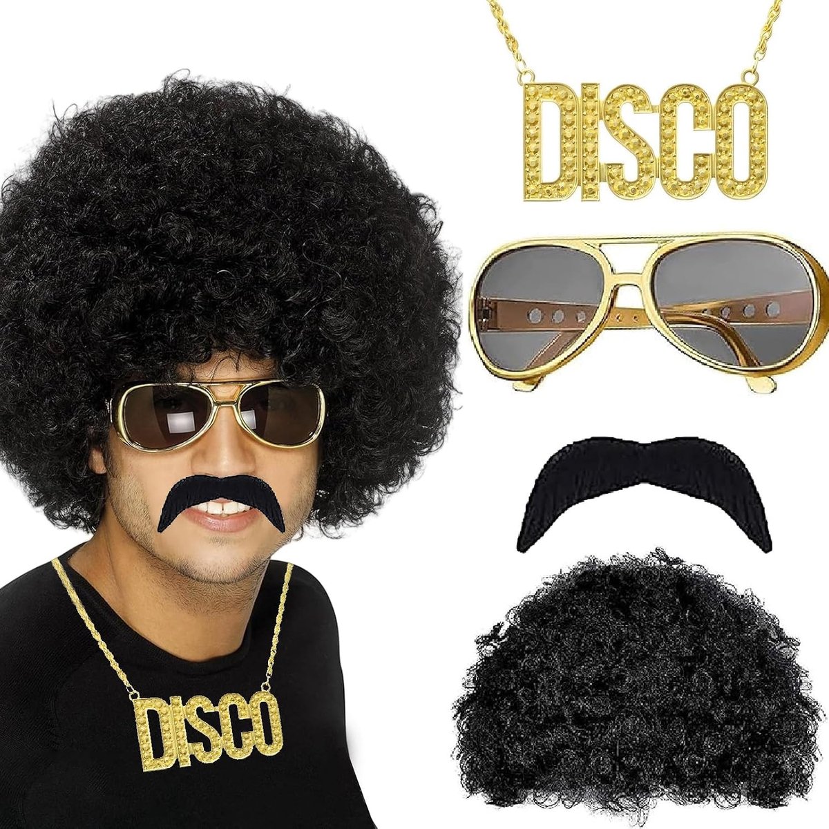 70 en 80 kleding, hippiekostuum voor heren, met afropruik en vokuhila-pruik, geschikt voor cosplay, Halloween en kostuumfeesten