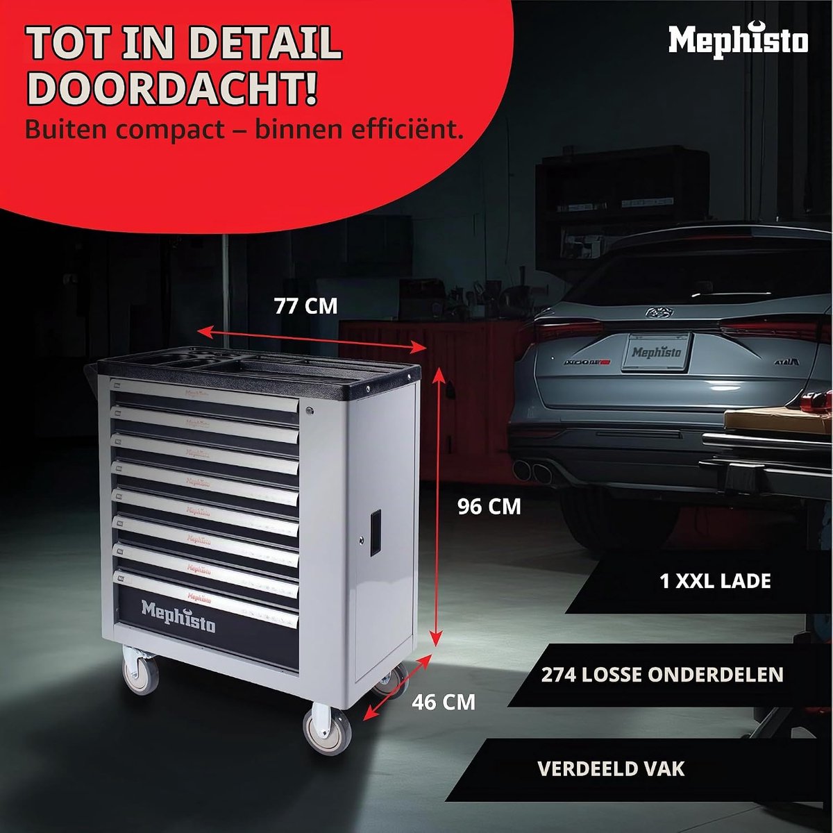 Werkplaatswagen 46.5D x 78W x 98H cm met 8 lades en gereedschappen - Industrohome