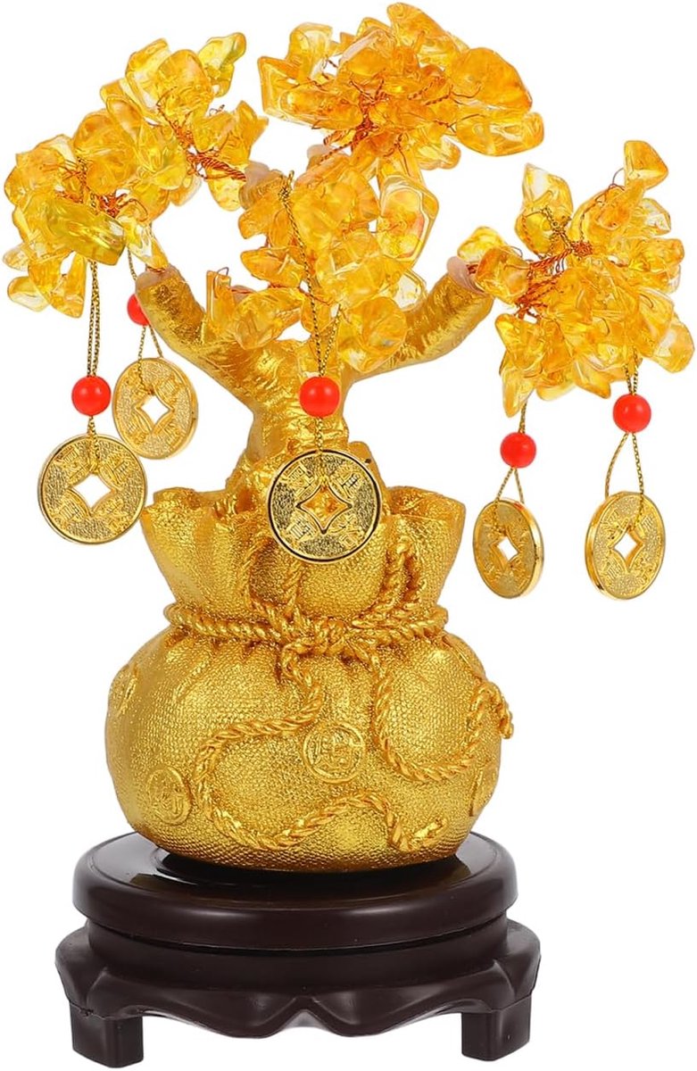 1 stuk citrien geld boom natuurlijke kristallen boom decoratie Feng Shui Lucky Tree Bonsai stijl rijke boom met gouden en basis tafelblad decor 19 cm