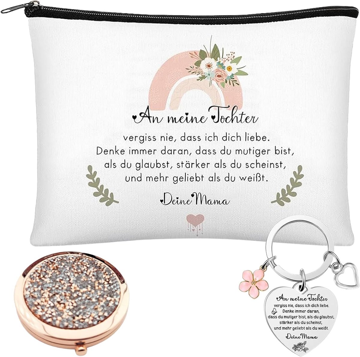 Cadeauset voor mijn dochter, gepersonaliseerde geschenkdoos met make-uptas, reisspiegel en sleutelhanger, speciale aandacht van mama, voor dochter van alle leeftijden