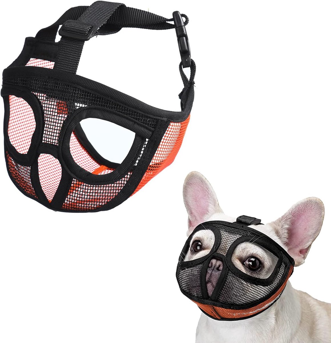 Snuit hondenmuilkorf, Franse bulldog muilkorf met zacht gaas, verstelbare anti-bijten kauwen blaffen voor kleine, middelgrote en grote rassen, mopshond tzu/boston terriër, oranje, L