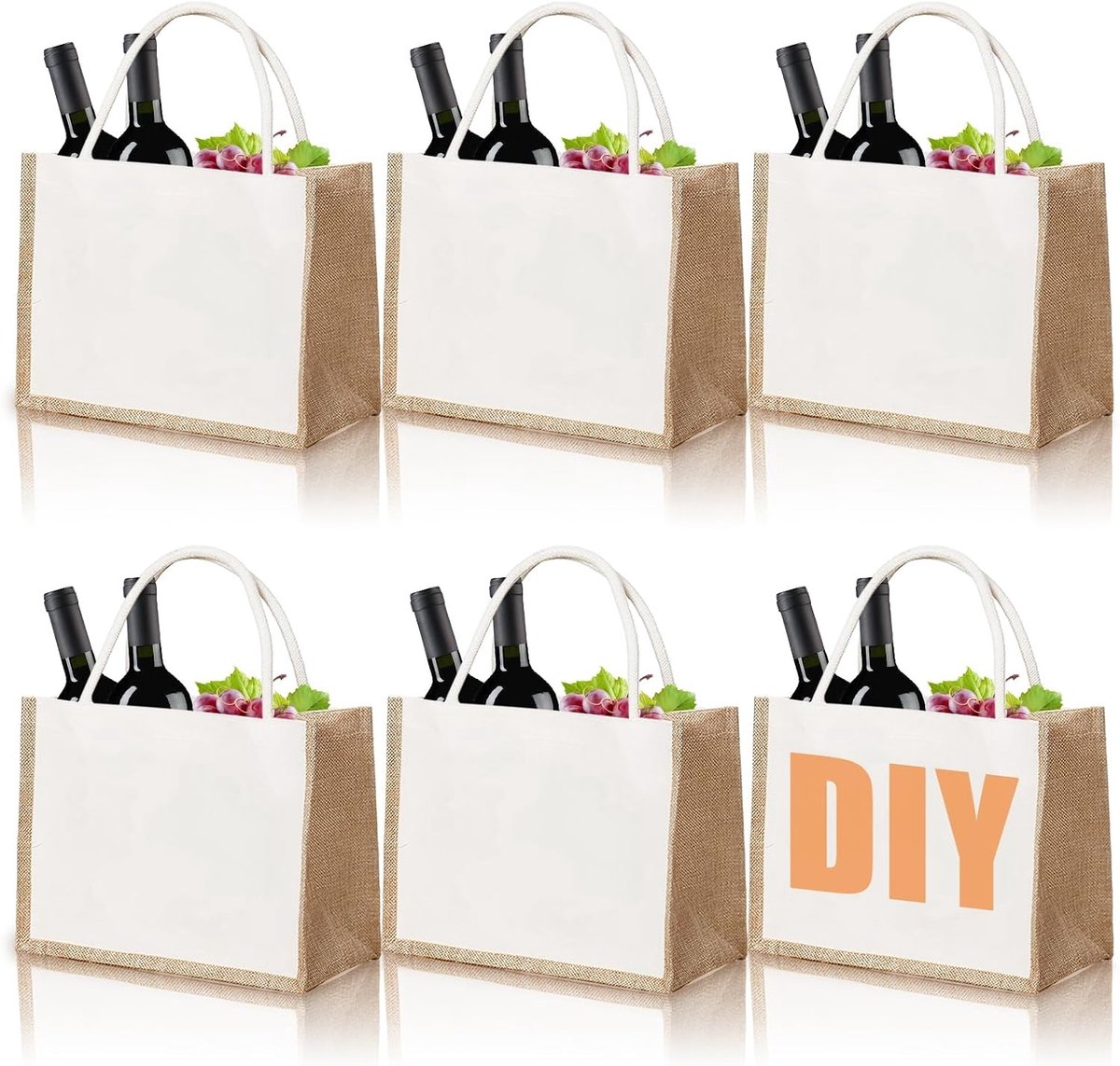 Set van 6 Herbruikbare Katoenen Tassen, 35 x 15 x 27 cm, Witte Draagtas voor Winkelen, Reizen en Feestjes