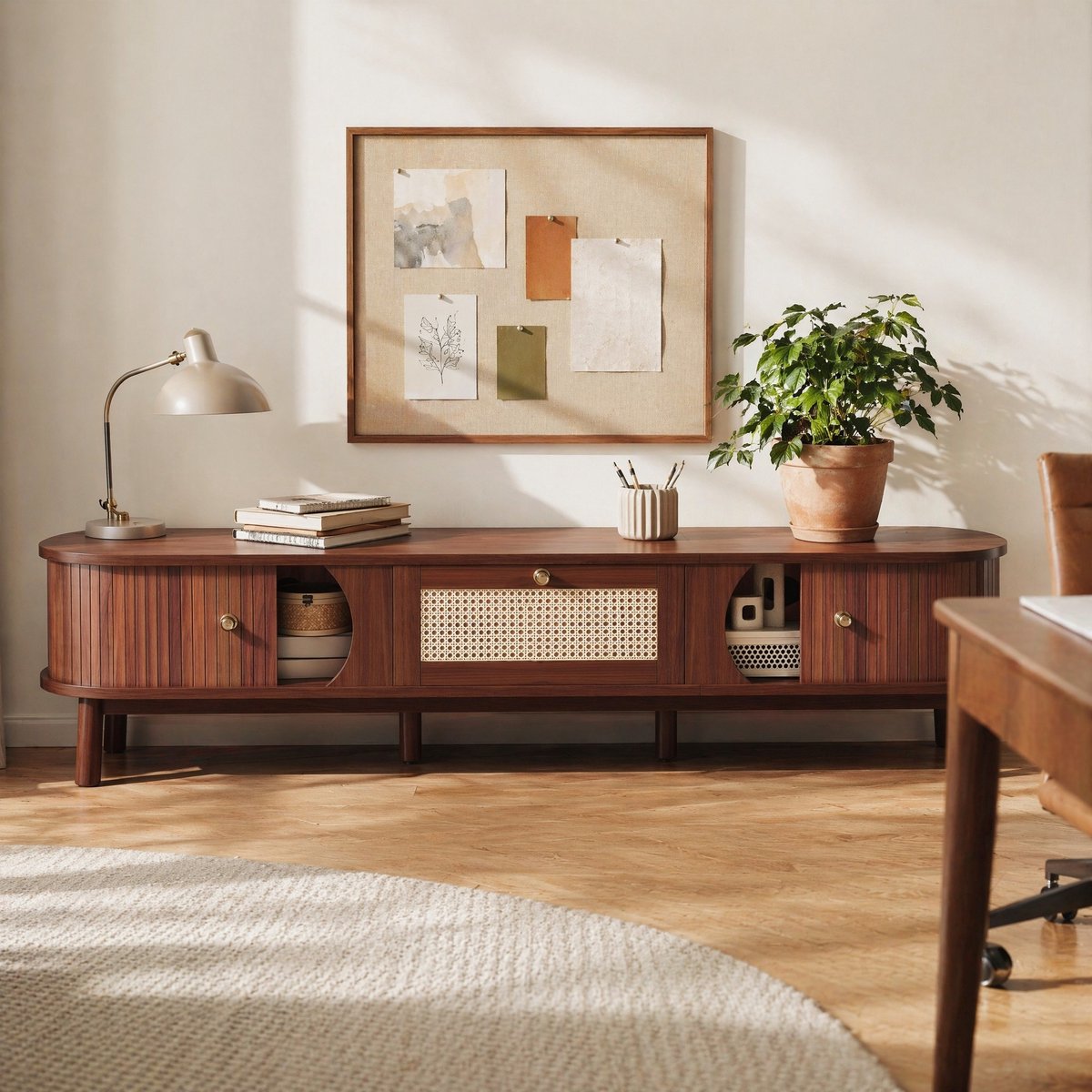 WUVRIE TV-meubel 170 x 39,5 x 38 cm - Deuren en rattan lades - Naturel Natuurlijk