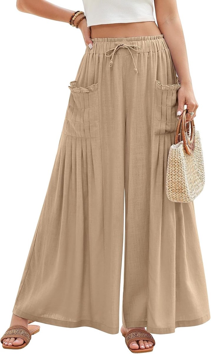 Zomerbroek voor dames, lichte wijde palazzo broek, zomer, linnen broek, elastische taille, losse linnen broek, luchtige baggy, comfortabele vrijetijdsbroek, strandbroek, stoffen broek met