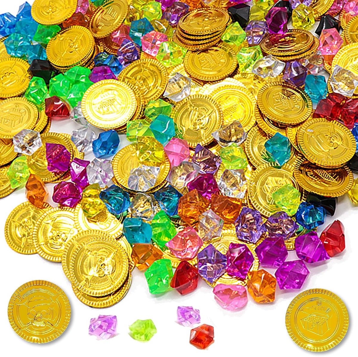 100 stuks piraten gouden munten edelstenen, set met 50 goudtalers + 50 edelstenen, piratenschat voor schattenjacht, kinderverjaardag, kindergouden munten, ideaal als piratenfeest, cadeautje