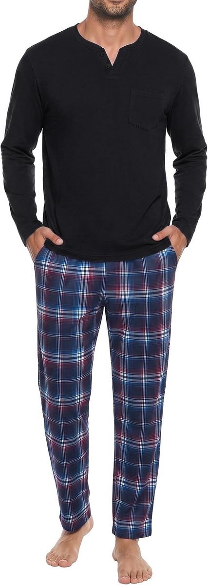 Henley geruite loungenachtkleding met lange mouwen