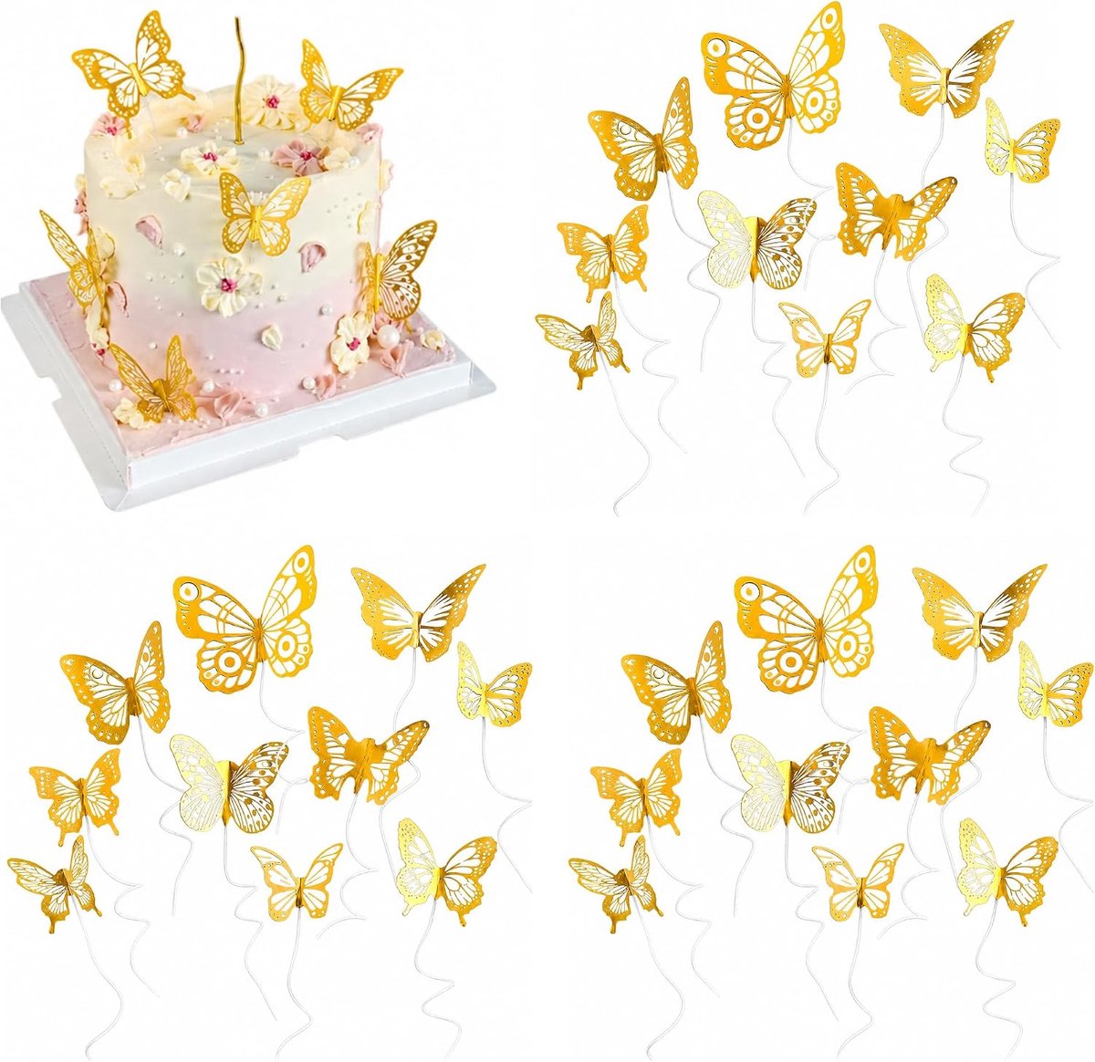 30 stuks vlinder, taartdecoratie, goud, 3D-vlinderdecoratie