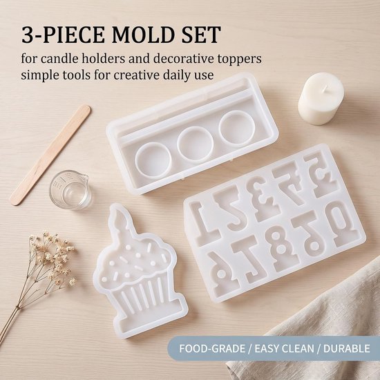 3 siliconen kaarsvormen, complete set, kaarsvorm, rechthoekige sokkel, 3 plaatsen, cupcakevorm en cijfers 0-9 voor verjaardagsfeesten, doe-het-zelf decoraties en kunstcreaties — afbeelding 5
