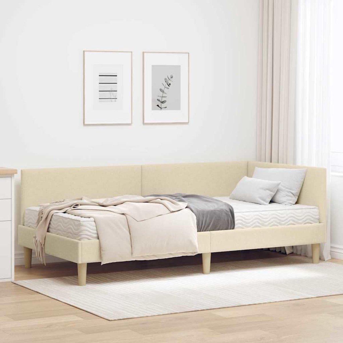 Hoekbed met matras muurmontage hoofdbord crème 90x200 cm