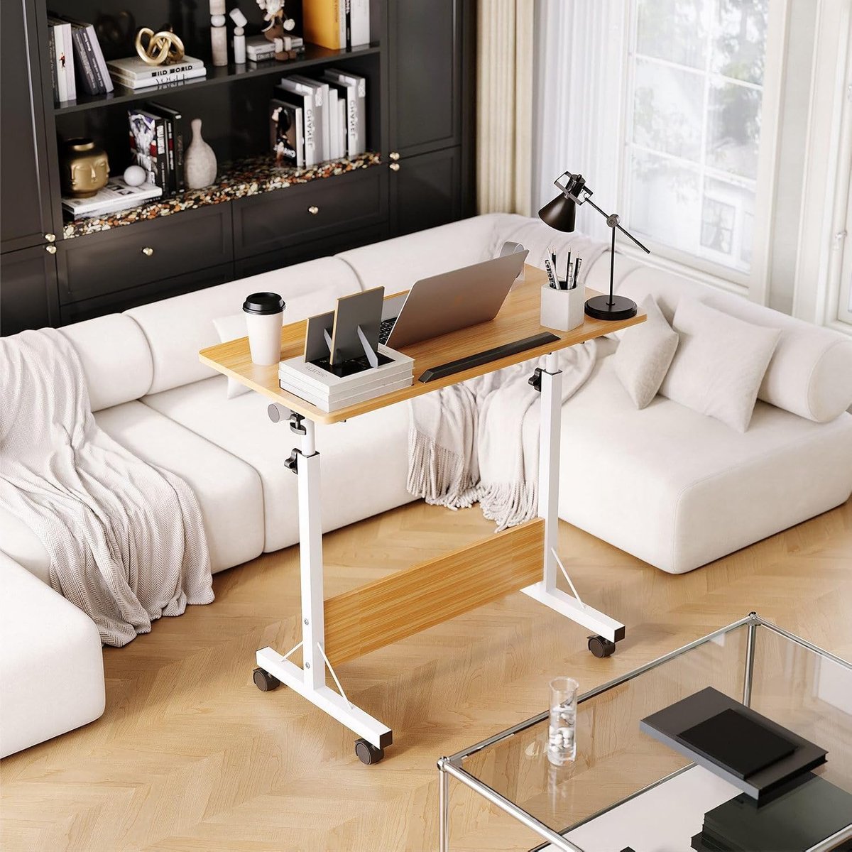 Bureau - Zit Sta Bureau 80 x 40 x 64-89 cm - Kantelbaar tafelblad mobiele werkplek 4 zwenkwielen (2 met rem) Eiken thumbnail 3