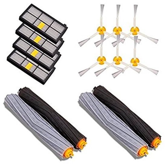 Een set robotstofzuigeraccessoires met vier filters, zes zijborstels en twee wisselrollen.
