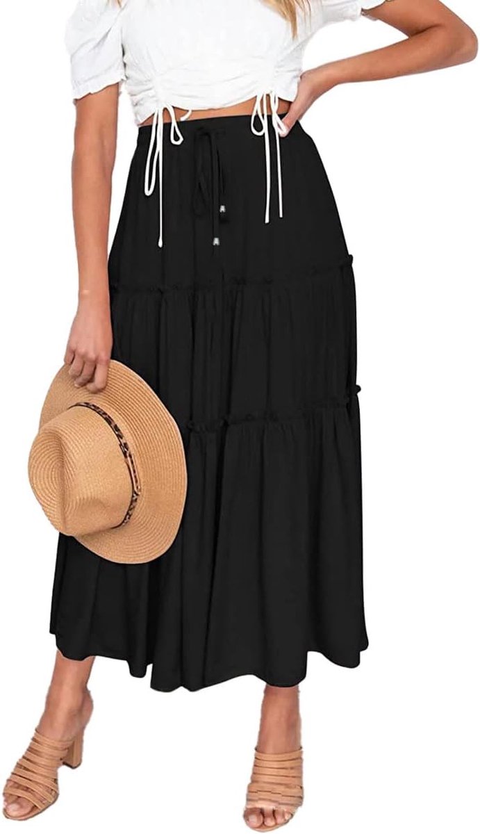 Women's Long Bohemian Skirt, Elastic Maxi Skirt, High Waist, Summer with Drawstring, A-line Retro A-Line Skirt - ShopVlot