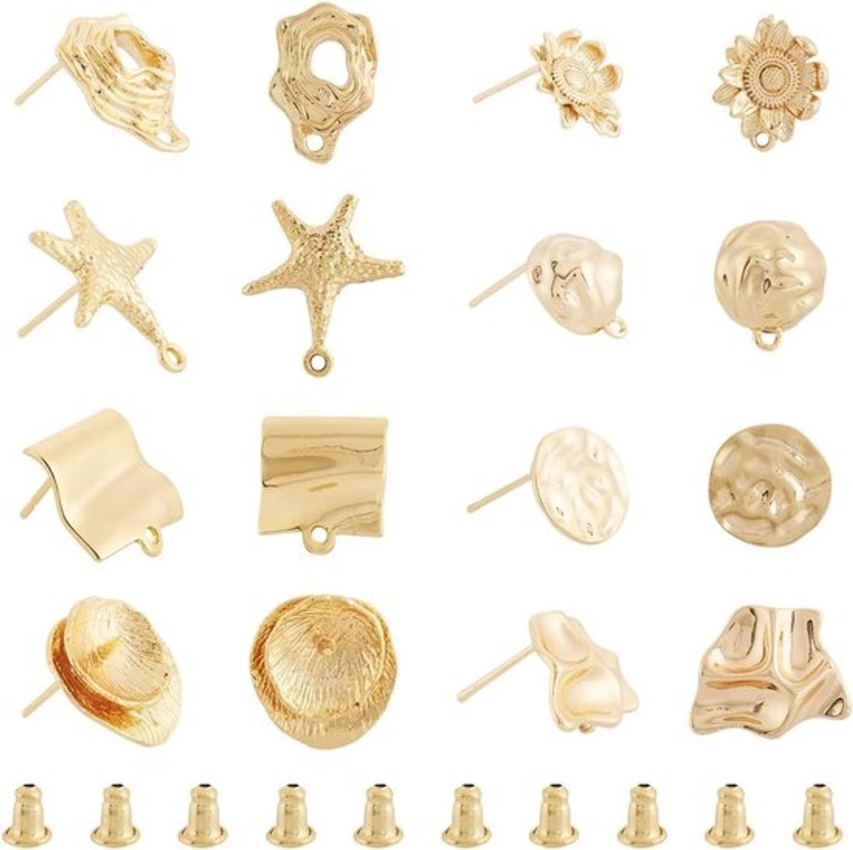 16 stuks messing studoorbellenonderdelen met platte ronde sterrenbeeld- en bloemmotieven, inclusief 20 oorbelmoeren voor sieraden maken
