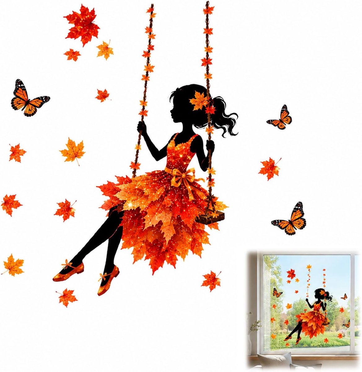 1 stuk vensterafbeelding herfst, glasdecoratie sticker met esdoornblad en meisjes, dubbelzijdige print, 30 x 30 cm - ShopVlot
