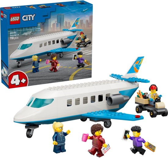 LEGO City passagiersvliegtuig met blauwe vleugels, staartvin met oranje logo. Inclusief 4 LEGO-figuren en bagagewagen.