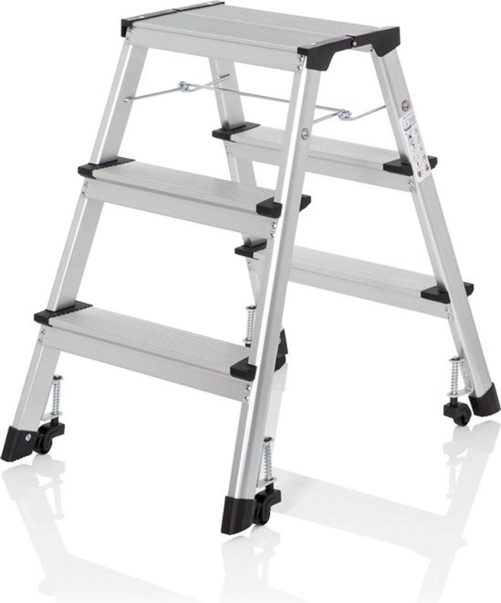 Aluminium trapladder met wielen - vouwtrap met 3 treden - aan beide zijden beloopbaar, tot 150 kg belastbaar, zilver - 830009 Office Hjh.