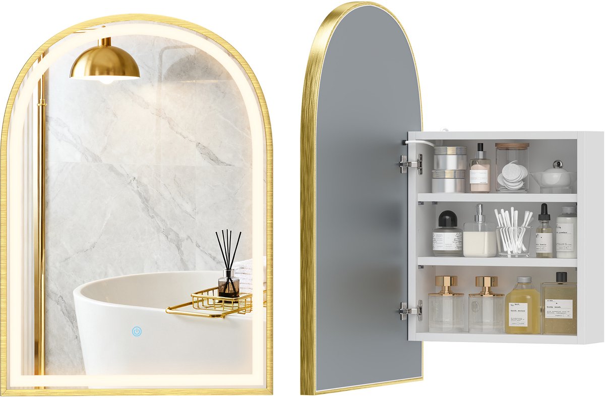 Badkamerwandkastje met spiegel en ledverlichting - gebogen deur - anti-condens - 50x14 - 5x70cm - goud