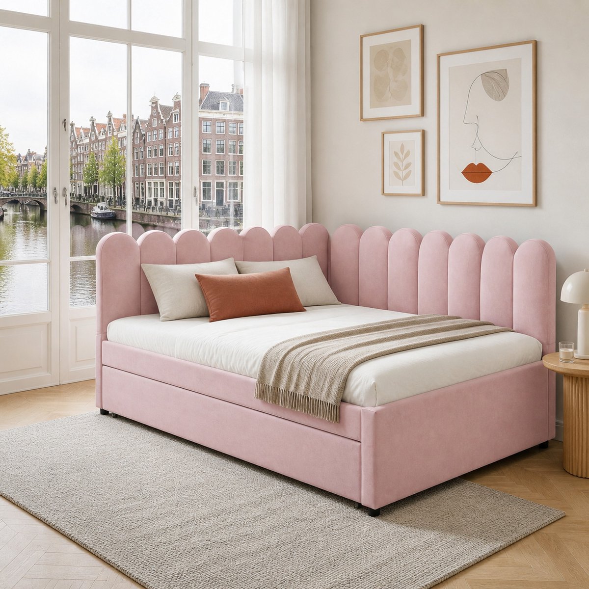 WUVRIE L-vormige slaapbank 140x200 cm met fluwelen bekleding, uitschuifbed en lattenbodem, roze
