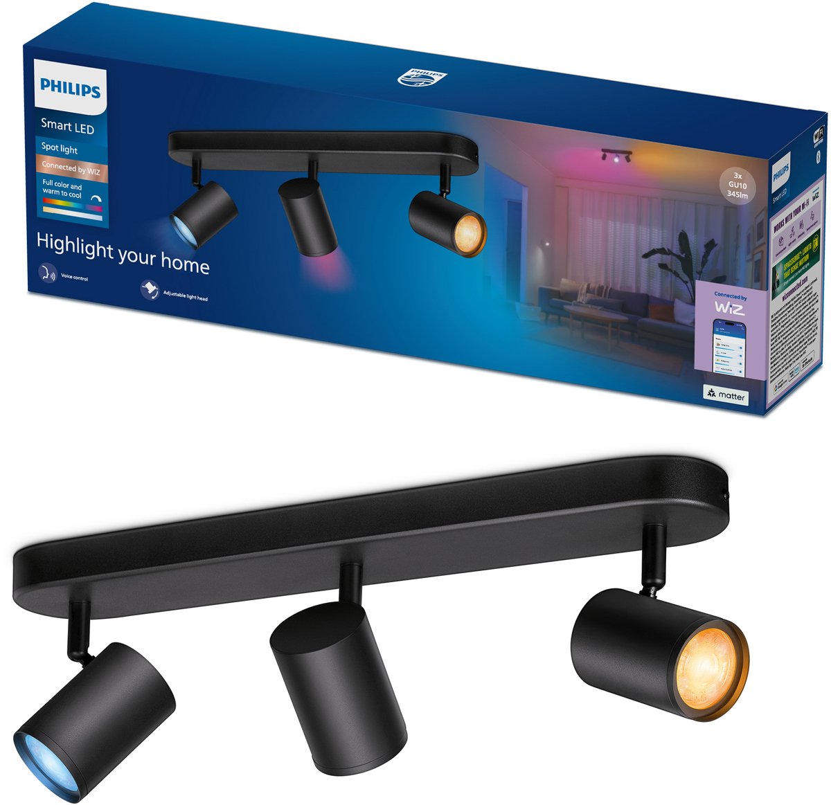 Philips Smart Lighting - opbouwspot - 3 spots - rgb - gekleurd en instelbaar wit licht - dimbaar - zwart - 3x5w - gu10 fitting - werkt met de wiz app - wifi