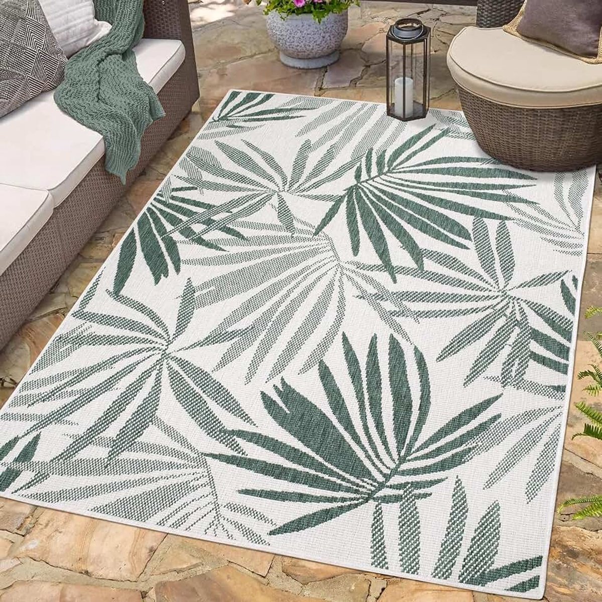 Carpet city Indoor en outdoor tapijt, groen, crème, omkeerbaar tapijt, 120 x 170 cm, bloemenpatroon, weerbestendig voor balkon, terras, modern, voor binnen, woonkamer, keuken