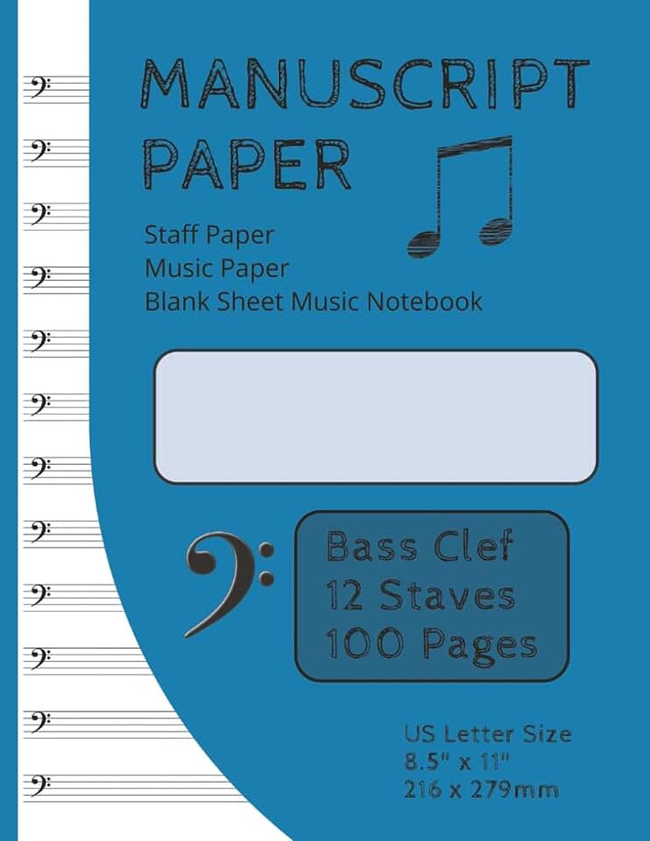 Paper | Staff Paper | Music Paper | Blank Sheet Music Notebook | 100 Pages | Bass Clef | 12 Staves per Page: US Letter Size (8.5" x 11" or 216mm x 279mm)