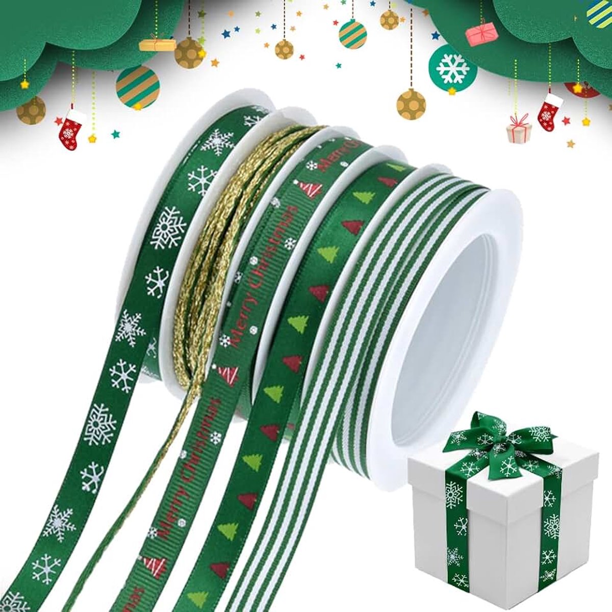 Kerstlint voor geschenkverpakking, groen kerstlint voor handwerk, 10 mm breed, rol grosgrain satijnen lint en versieringen voor slingerboomdecoratie ambachten (25 m)