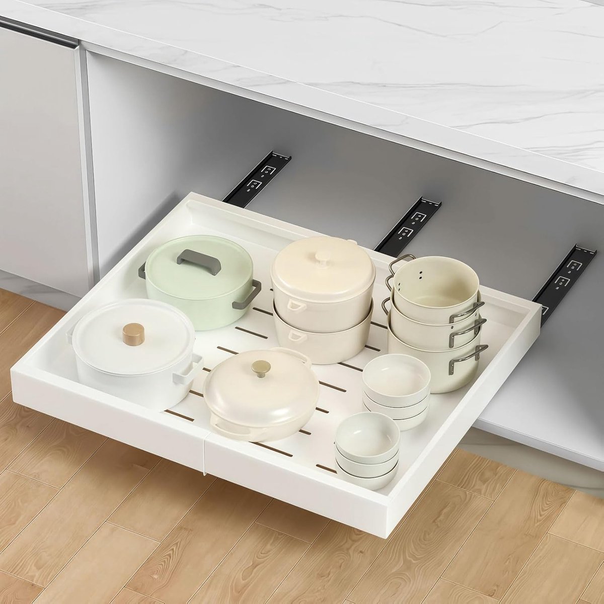 lade, keuken, uittrekbare lade, achteraf inbouwlade-inzetstuk, uittrekbare kastorganizer, keukenkast, verstelbare breedte, uittrekbare lade, 32-52 x 42 x 7,5 cm (Wit 1PC)