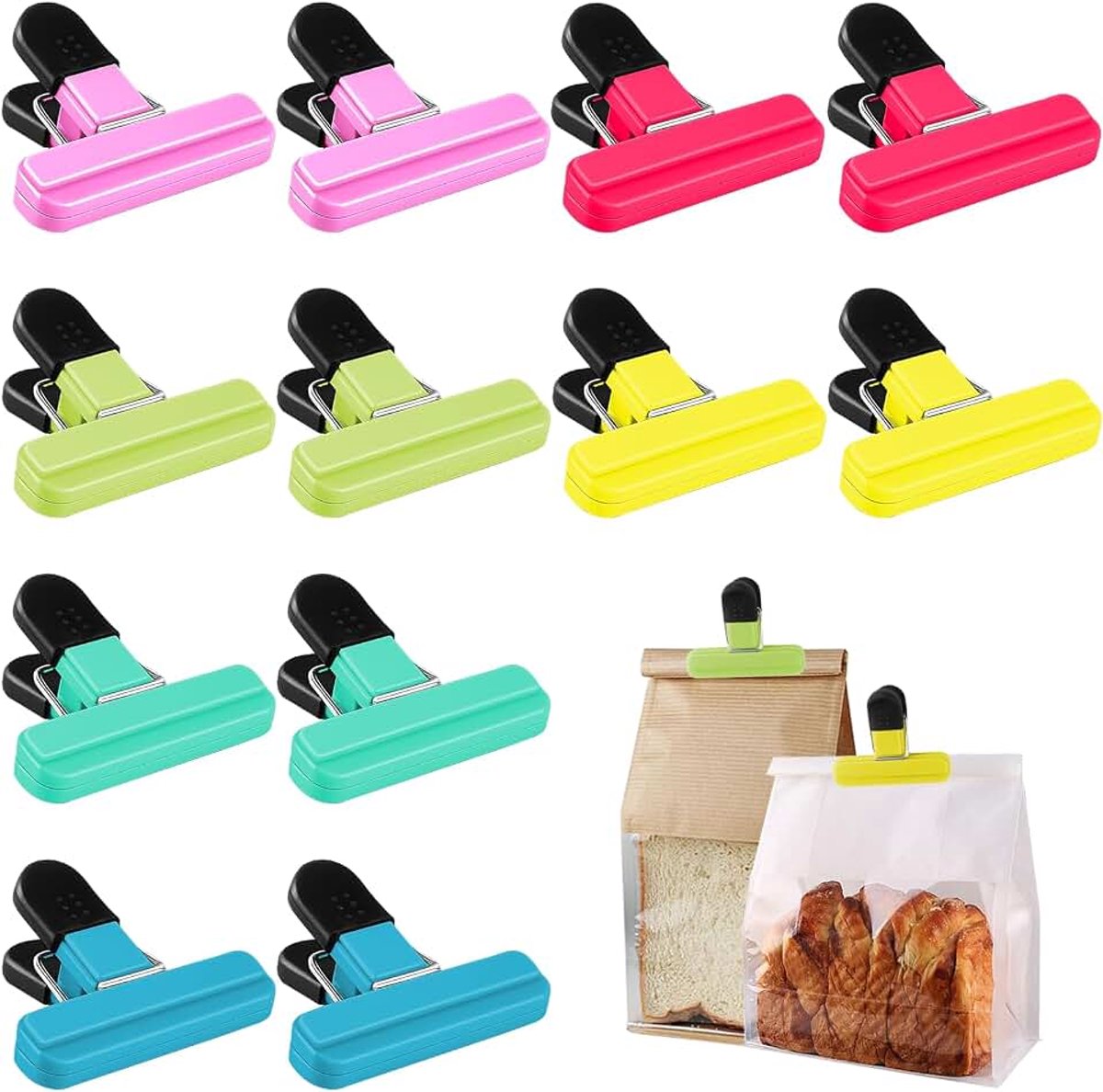 Sluitclips voor zakken, 12 stuks, 6 kleuren, plastic zakclips voor snacks, brood, chips, koffie, opslag voor snacks, brood, koffie, opslag voor snacks, brood, koffie, keuken
