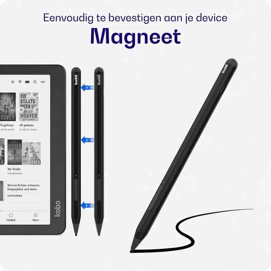 Buddi Aide 2 Stylus Pen voor Kobo met Gum / Markeer Functie - Geschikt voor Kobo Libra Colour, Kobo Sage, Kobo Elipsa en Kobo Elipsa 2E - Oplaadbaar - Met Magneet - USB-C - 2x Extra Tip - Zwart — afbeelding 5