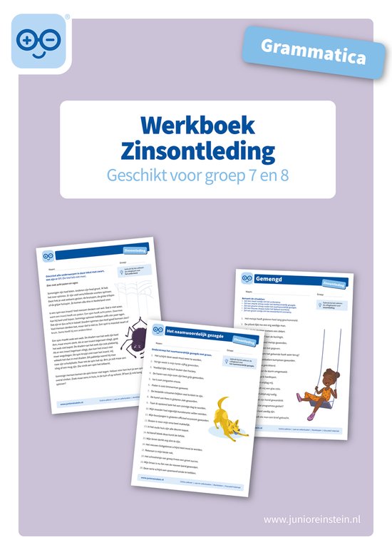 Cahier d'exercices ouvert intitulé "Grammaire Analyse de phrases". Illustrations d'une araignée, d'un chien et de deux enfants sur une balançoire.