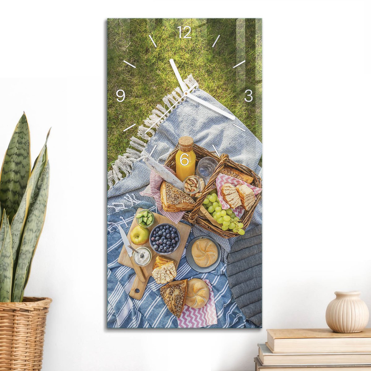 ArtPrintCave Groene Glazen Klok - 30x60 cm - Rechthoekige Wandklok - Smakelijke Picknick Unieke Klok - Natuur Stille Wandklok - Witte Klokwijzers