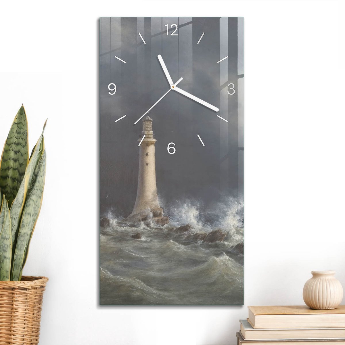 ArtPrintCave Grijs Glazen Klok - 30x60 cm - Rechthoekige Wandklok - Stormlantaarn Stille Wandklok - Architectuur Wandklok Keuken - Witte Klokwijzers
