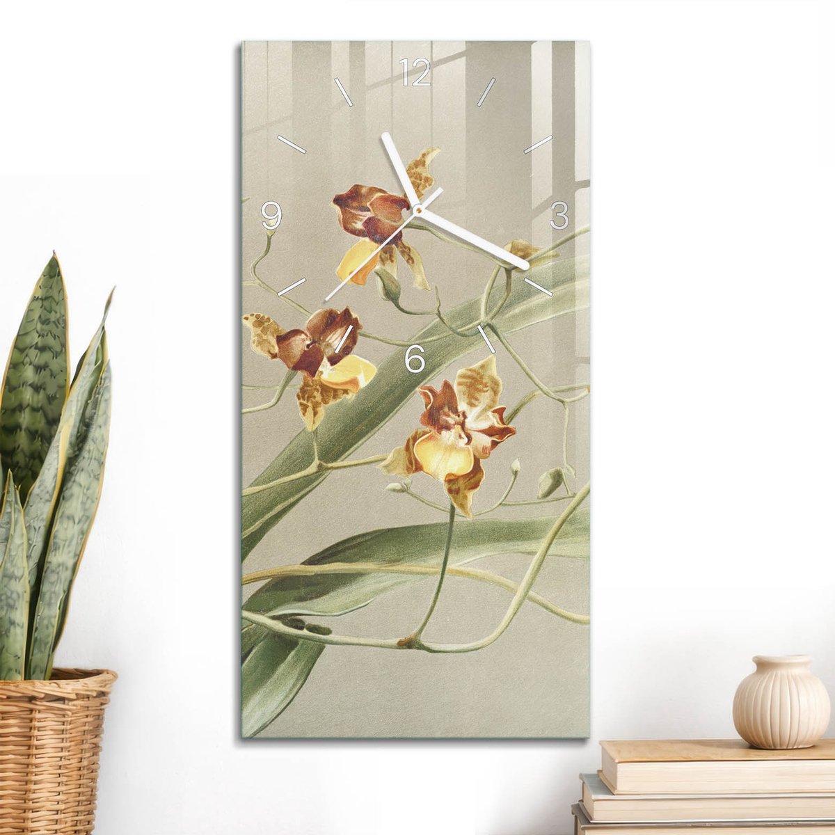 ArtPrintCave Groene Glazen Klok - 30x60 cm - Rechthoekige Wandklok - Botanische Orchideeën Unieke Klok - Natuur Stille Wandklok - Witte Klokwijzers