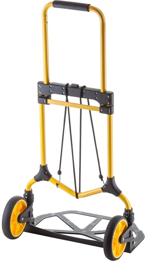 Gele en zwarte opvouwbare steekwagen van Stanley met touwen en wielen.