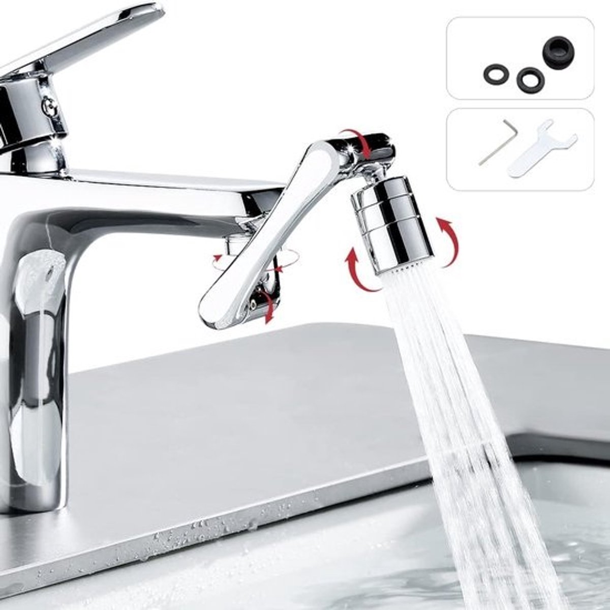 1440° draaibare multifunctionele verlengkraan, kraanopzetstuk, verlenging, perlator, twee sproeimodi, instelbare waterkraan, straalregelaar, draaibare kraanverlenger, voor badkamer en keuken