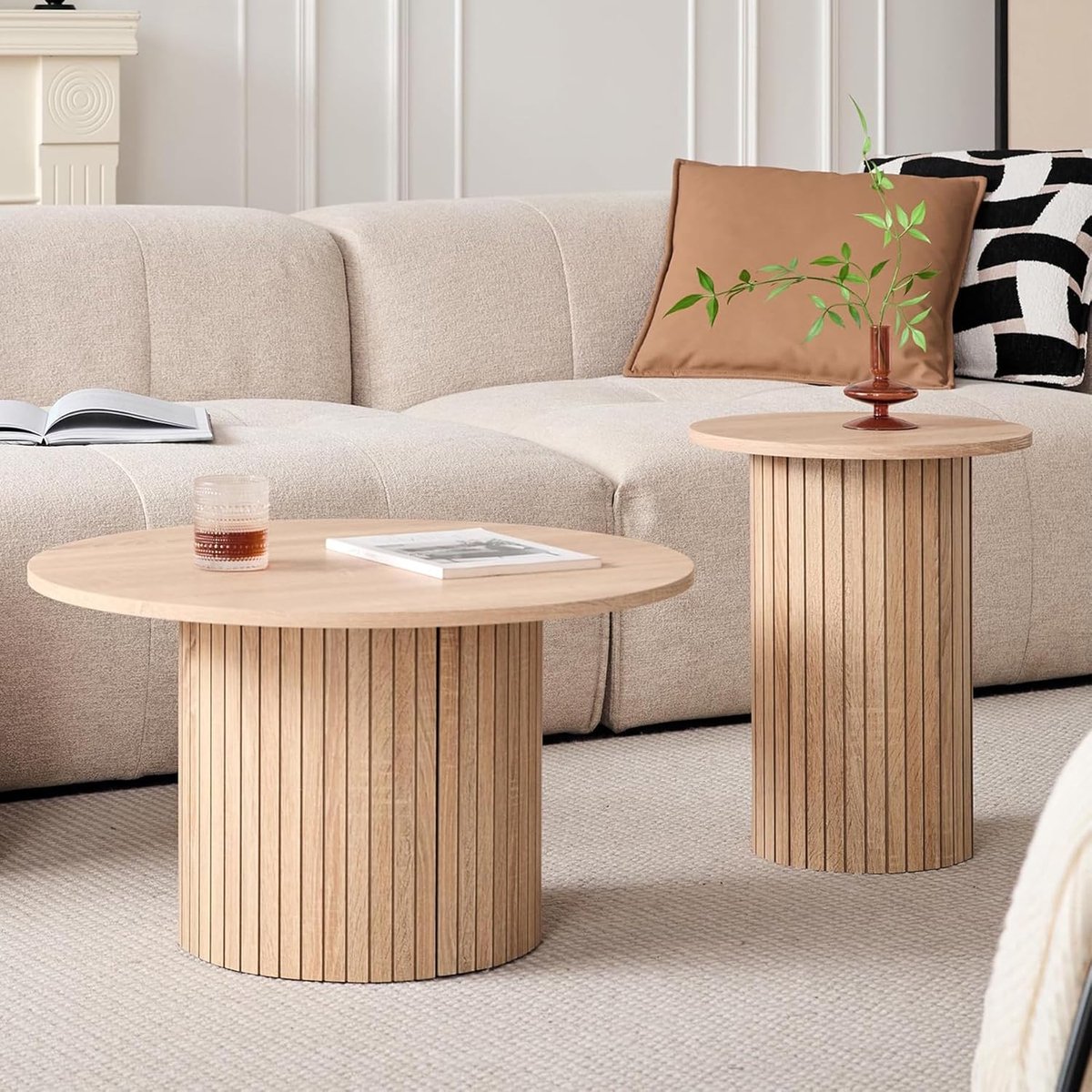 Set van ronde uitschuifbare salontafels, moderne bijzettafel met MDF-plaat en lattenbodem, natuurlijk/houtnerf