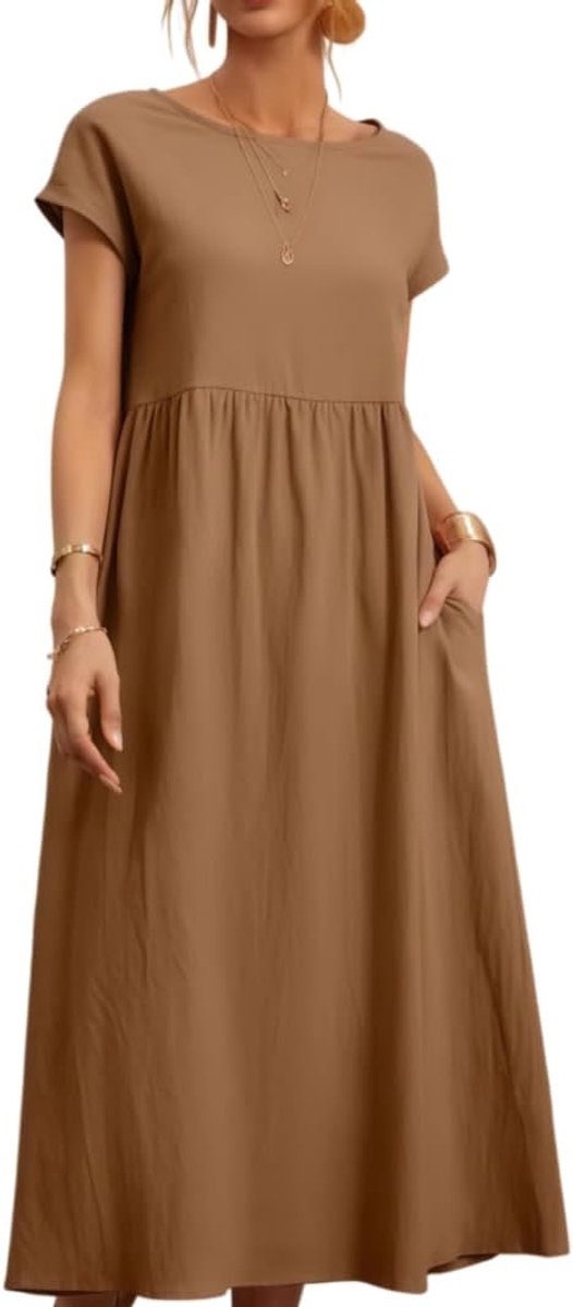 Zomerjurk voor dames, casual, ronde hals, korte mouwen, vrijetijdsjurk, blousejurk, elegante midi-jurk, casual wikkeljurk, strandjurk met zakken, elegant, knielang, comfortabele herfstjurk, lente