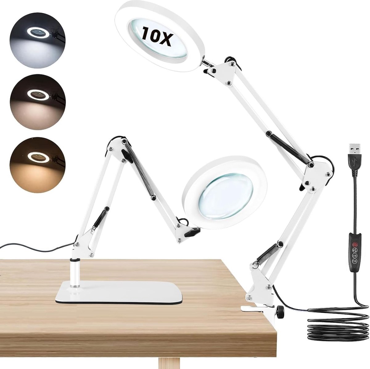 Vergrootglas met licht en standaard, 10 x vergrootlamp met klem en grote basis, 72 dimbare leds, 3 kleurmodi, 10 helderheidsniveaus, tafelloep met verlichting voor naaien, sieraden, lezen