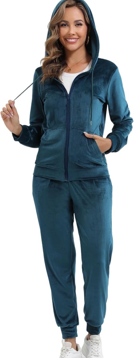 Velours trainingspak voor dames, behaaglijk huispak, 2-delig joggingpak, fluweelzacht geribbeld, rits, jack en broek met zakken