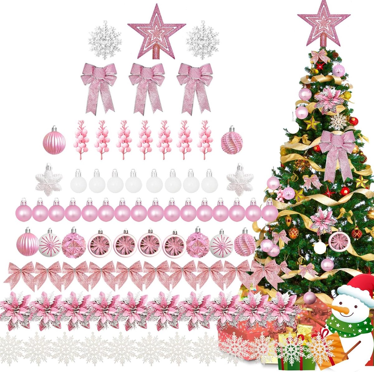 88 stuks roze kerstversieringen set met roze witte kerstballen, kerst glitter poinsettia bloemen, glitter bessenstelen, sneeuwvlokken, strik voor Kerstmis