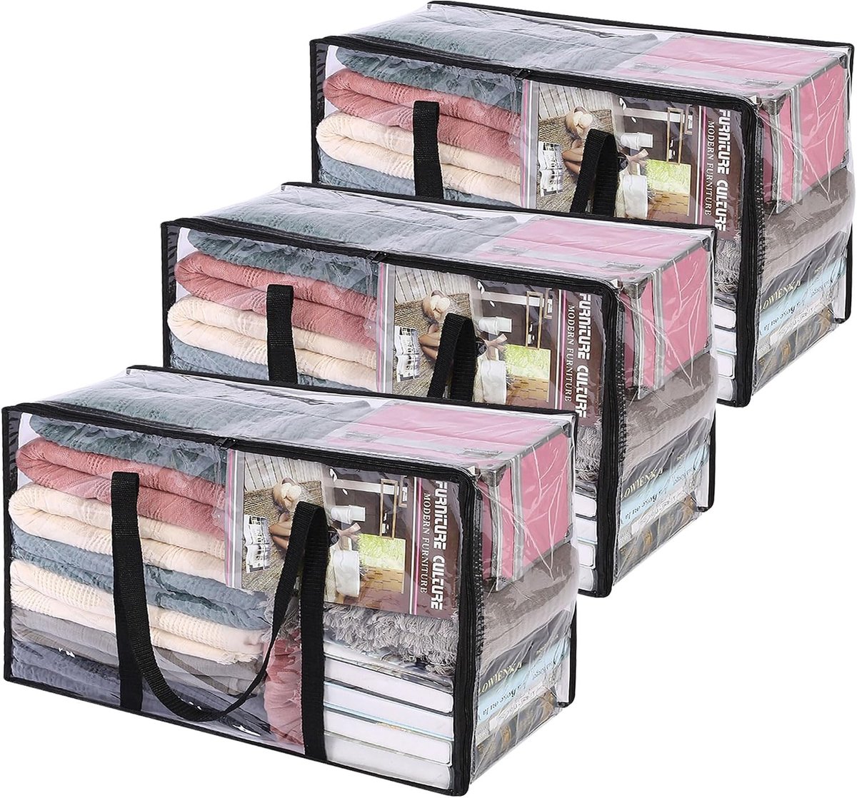 3 Pack Clear Kleding Opbergzakken met Rits 60L