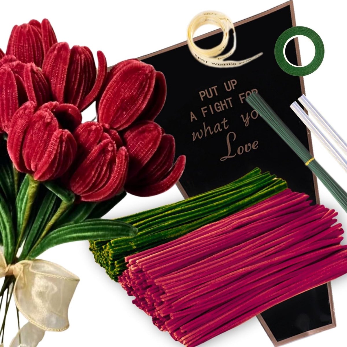 Pijpenreiniger bloemenset met 150 stks kleurrijke pijpenputters in 2 kleuren (bordeaux, groen), 8 bloemendraht groen, crêpepapier, bloemenpapier en cadeaulint