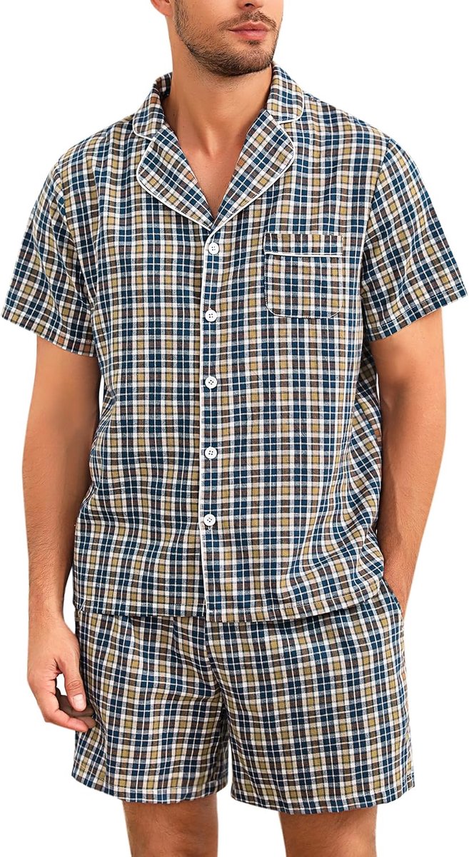 Herenpyjama-set met korte mouwen, geruite pyjama's, katoen, geruite loungewear, top en broek, 2-delige nachtkleding, nachtkleding klassiek met zakken