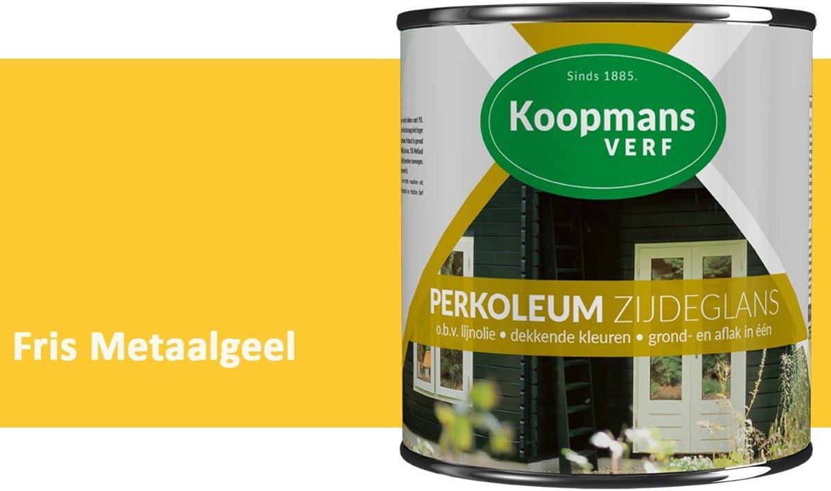 Koopmans Perkoleum Zijdeglans Dekkend – Houtverf Buiten – Dekkende Beits voor Schutting & Gevel – Elastisch & Weerbestendig – 750 ml – Fris Metaalgeel