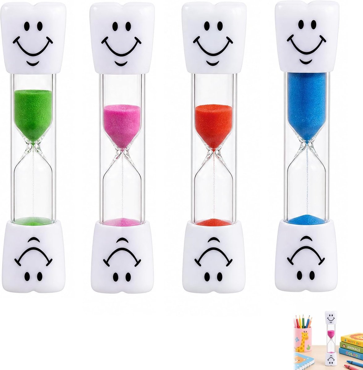 4 stuks zandloper 3 minuten smiley timer blauw roze groen rood