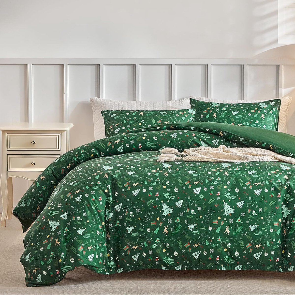 Beddengoed Kerstmis 240x260 met 2 kussenslopen 65x65 - Met motief- en cadeaudesigns - Beddengoed 240x260 met ritssluitingen, Groen