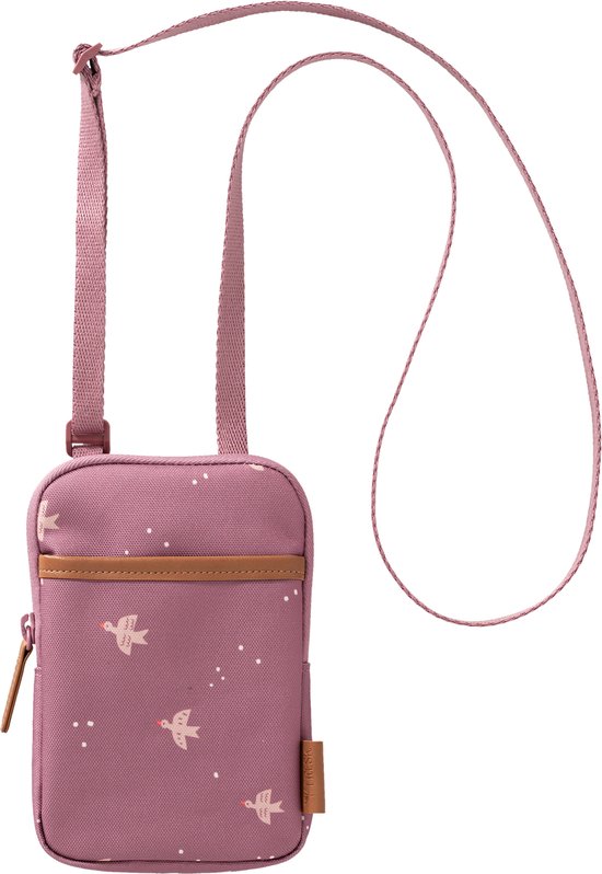Lila kindertelefoontasje van Fresk met vogeltjesprint en verstelbare band.