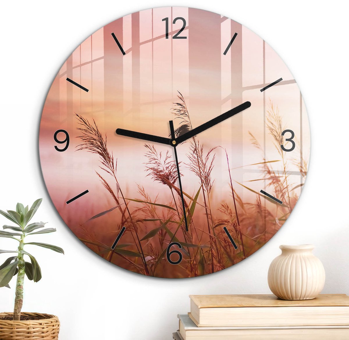ArtPrintCave Roze Glazen Klok - Wandklok 30 cm - Muurklok Rond - Korrelmist Stille Wandklok - Landschappen Wandklok Keuken - Zwarte Klokwijzers