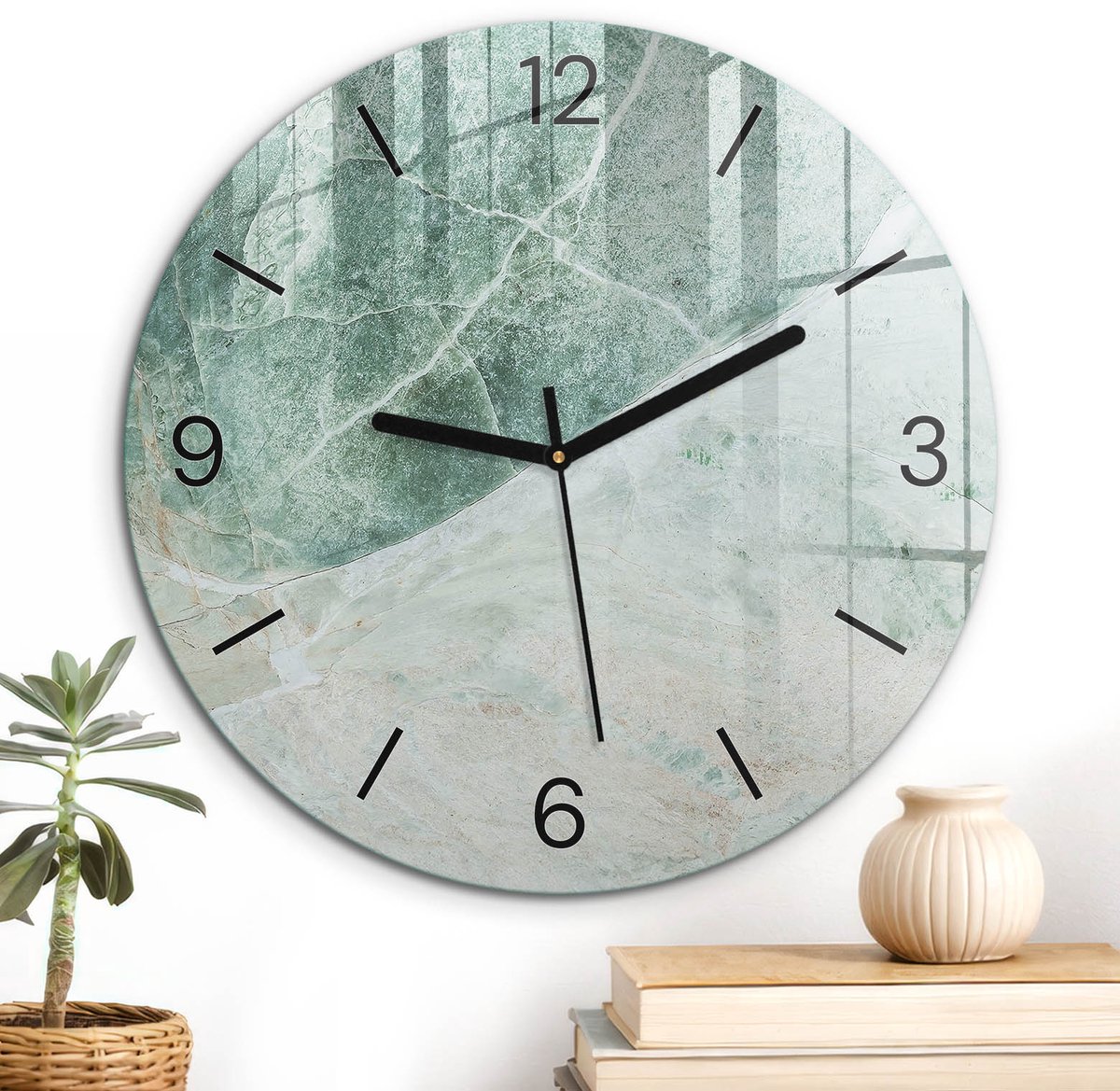 ArtPrintCave Groene Glazen Klok - Wandklok 30 cm - Muurklok Rond - Groen Marmer Wandklok Keuken - Achtergronden En Patronen Unieke Klok - Zwarte Klokwijzers