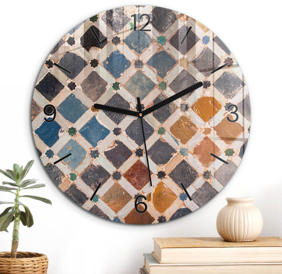 ArtPrintCave Blauw Glazen Klok - Wandklok 30 cm - Muurklok Rond - Kleurrijk Mozaïek Wandklok Keuken - Geometrie Unieke Klok - Zwarte Klokwijzers